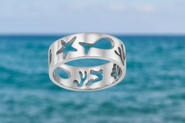 Meeresleben Ring 925 Silber Rhodiniert aus der Kollektion Meeresleben – maritimer Silberring mit Seestern, Fisch und Seepferdchen