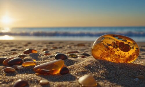 Nahaufnahme von Bernsteinen im Sand bei Sonnenuntergang, mit sanften Wellen im Hintergrund – ein typisches Bild der Ostseeküste und eine Hommage an den Usedom Schmuck.