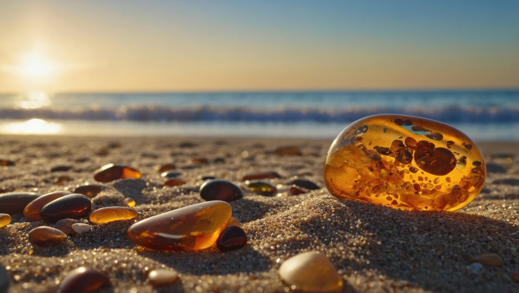 Nahaufnahme von Bernsteinen im Sand bei Sonnenuntergang, mit sanften Wellen im Hintergrund – ein typisches Bild der Ostseeküste und eine Hommage an den Usedom Schmuck.