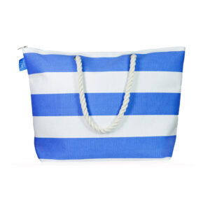 Blau-weiß gestreifte Strandtasche von Inis mit Kordelgriffen und Reißverschluss