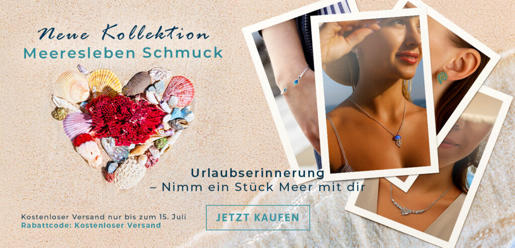 Werbebild zur Kollektion „Meeresleben Schmuck“: Herz aus Muscheln im Sand, daneben Schmuckfotos mit maritimen Designs wie Seestern-Anhänger, türkisfarbenen Ohrringen und Armkette. Text: „Urlaubserinnerung – Nimm ein Stück Meer mit dir“. Hinweis auf kostenlosen Versand bis 15. Juli.