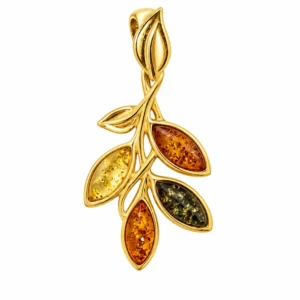 Anhänger Silber 925 24k vergoldet Bernstein Blatt Mix; Bernsteinanhänger in Grün Cognac Gelb; Mehrfarbig mit Blattmotiv; eleganter Schmuck mit Ostseegold
