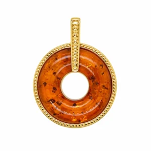 Anhänger Silber 925 24k vergoldet Bernstein „Donut“; einzigartiger Bernsteinanhänger Donut, Bernstein Anhänger mit Loch, schöner Bernstein Schmuck Anhänger rund, eleganter Schmuck mit Ostseebernstein für jeden Anlass
