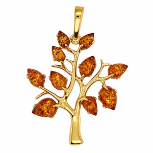Anhänger Silber 925 24k vergoldet Bernstein Glücksbaum Cognac; eleganter Bernstein Anhänger Baum des Lebens; mit Bernstein Blättern; eleganter Schmuck mit Ostseebernstein
