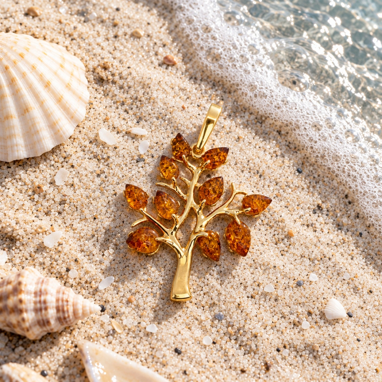 anhaenger-silber-925-24k-vergoldet-bernstein-gluecksbaum-sand Anhänger Silber 925 24k vergoldet Bernstein Glücksbaum Cognac; eleganter Bernstein Anhänger Baum des Lebens; mit Bernstein Blättern; eleganter Schmuck mit Ostseebernstein
