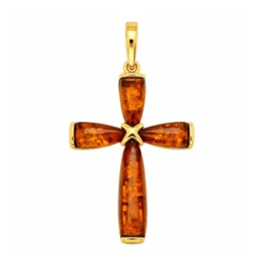 Anhänger Silber 925 24k vergoldet Bernstein Kreuz Cognac; eleganter Schmuck mit Ostseebernstein; Bernstein Kettenanhänger Kreuz Unisex