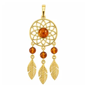 Anhänger Silber 925 24k Vergoldet Bernstein Traumfänger Cognac; Bernsteinanhänger Traumfänger, Schmuck mit Ostseebernstein, Bernstein Talisman