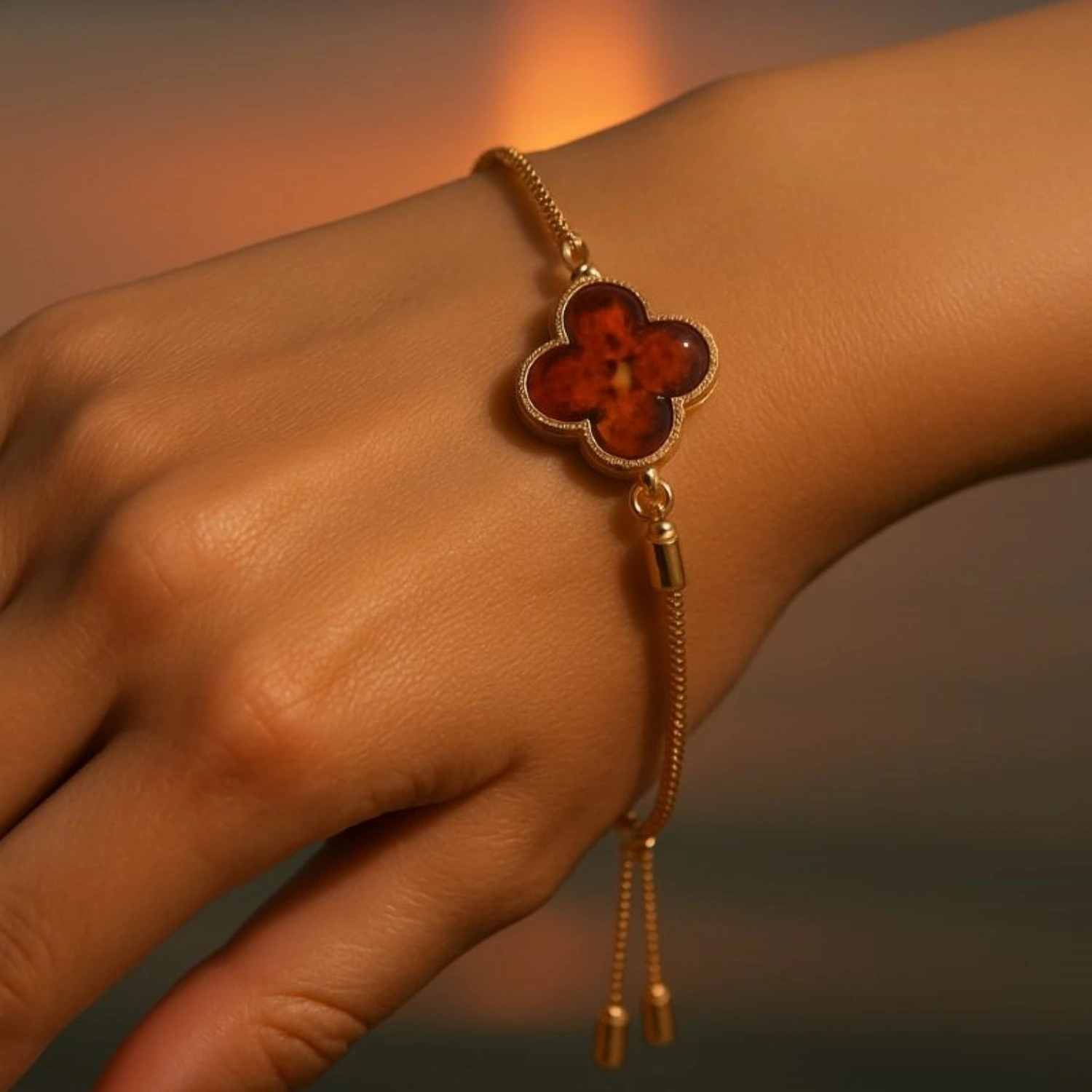 armband-silber-925-bernstein-monogramm-blume-hand Armband Silber 925 24k vergoldet Bernstein „Monogramm Blume“ mit Cognac Bernstein; eleganter Schmuck mit Ostseebernstein