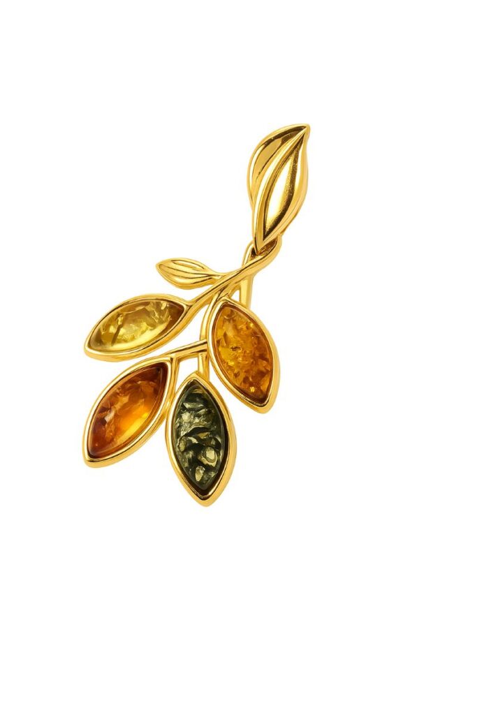 Blatt Silberanhänger vergoldet mit Bernstein Mix