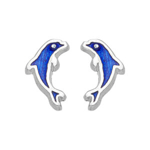 Ohrstecker Silber Dolphin Blau mit leuchtender blauer Emaille auf weißem Hintergrund