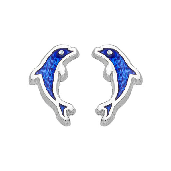 Ohrstecker Silber Dolphin Blau mit leuchtender blauer Emaille auf weißem Hintergrund