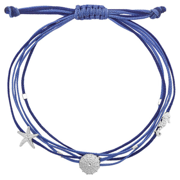 Blaues Armband mit Silberanhängern: Seestern, Seeigel, Seepferdchen