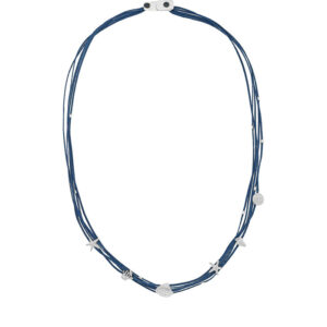 Halskette Silber mit Seestern, Muschel & Koralle auf blauen Kordeln – maritimer Schmuck Usedoms