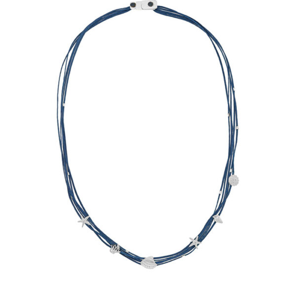 Halskette Silber mit Seestern, Muschel & Koralle auf blauen Kordeln – maritimer Schmuck Usedoms