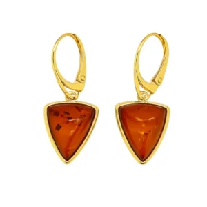 Ohrhänger Silber 925 24k vergoldet Bernstein Cognac Dreieck, moderne goldene Bernstein-Ohrringe, moderne goldene Bernstein-Ohrringe.