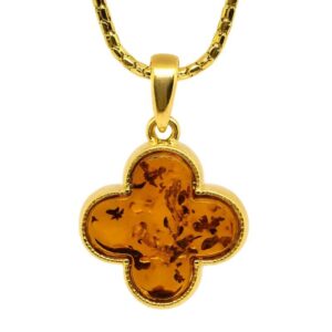 Bernstein Anhänger Monogramm Blume aus 24kt vergoldetem Silber
