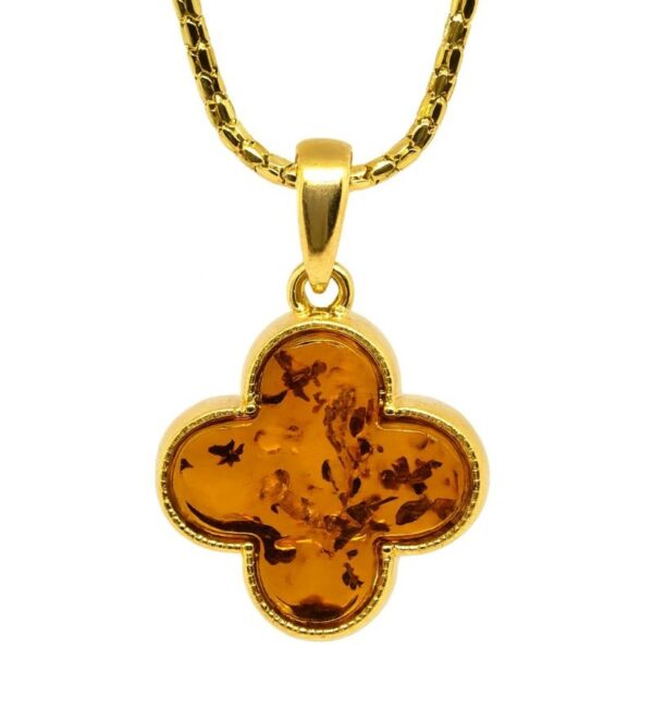 Bernstein Anhänger Monogramm Blume aus 24kt vergoldetem Silber