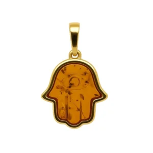 Anhänger Silber 925 24k vergoldet Bernstein „Fatima Hand“; Schmuck mit Ostseebernstein; Schutz Talisman aus Bernstein; Hamsa Hand Anhänger