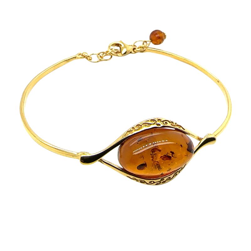 bernstein-amreif-silber-vergoldet-GEARB377CVG Bernstein Armband Silber 925 vergoldet „Sonnenlicht“ mit ovalem Cognac Bernstein und floralen Ornamenten