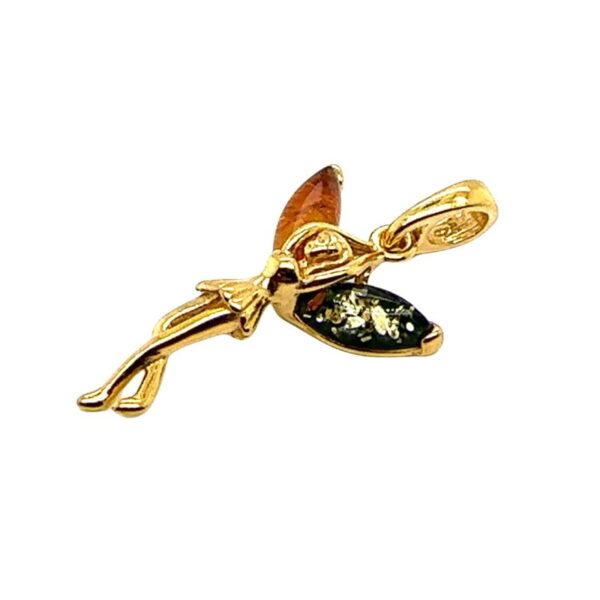 Bernstein Anhänger in Feenform aus vergoldetem Silber mit bunten Bernsteinflügeln – 925 Silber 24 Karat vergoldet, Märchenschmuck mit Symbolik