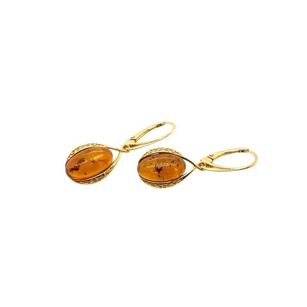 Bernstein Ohrringe „Sonnenlicht“ – 925 Silber vergoldet, Freisteller, 37×12 mm