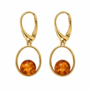Ohrhänger Silber 925 24k vergoldet Bernstein Sonnenperle, goldene ovale Ohrringe mit Bernsteinkugel.