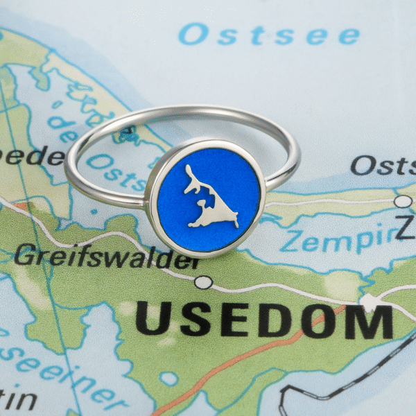 Ring Silber Usedom Insel „Blaue See” – handgefertigter 925er Silberring mit blauer Emaille.