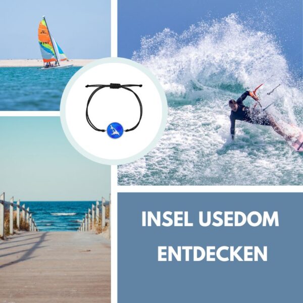 Armband Silber Usedom Insel Blaue See mit blauer Emaille und Makramee-Schnur, Schmuckstück aus Usedom