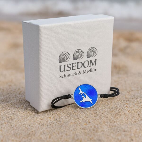 Armband Silber Usedom Insel Blaue See mit blauer Emaille und Makramee-Schnur, Schmuckstück aus Usedom