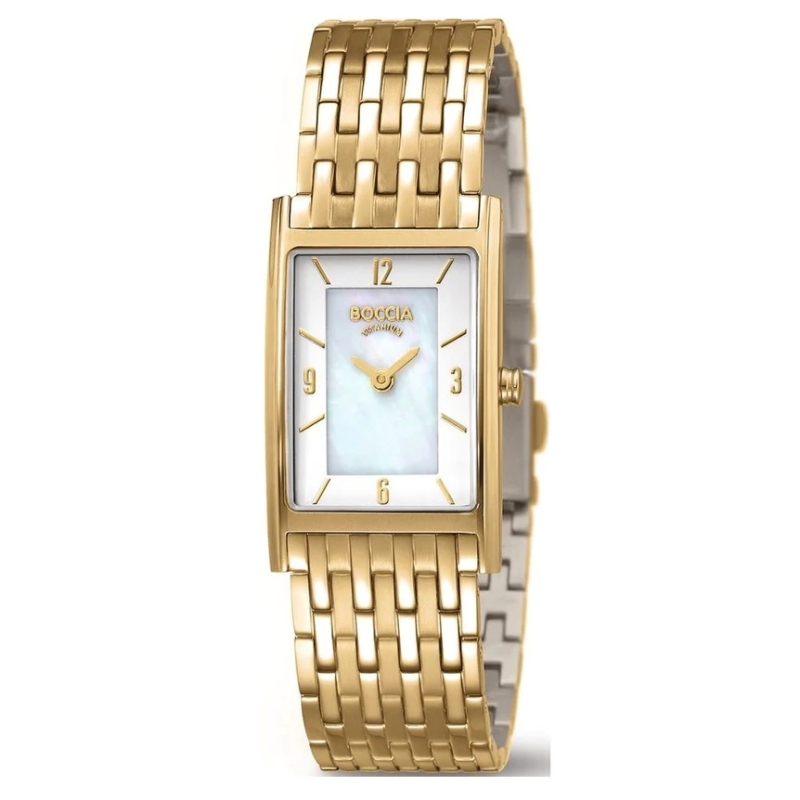 BOCCIA Titanium Damenuhr 3212-11 Gold BOCCIA Titanium Damenuhr 3212-11 in Gold mit weißem Perlmutt-Zifferblatt und Titanarmband.