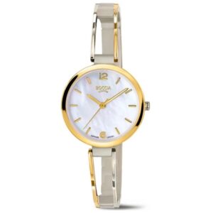 Bicolor-Eleganz in Titan: Die BOCCIA Titanium Damenuhr 3354-01 verbindet ultraleichtes Titan, kratzfestes Saphirglas und ein edles Silber-Gold-Armband