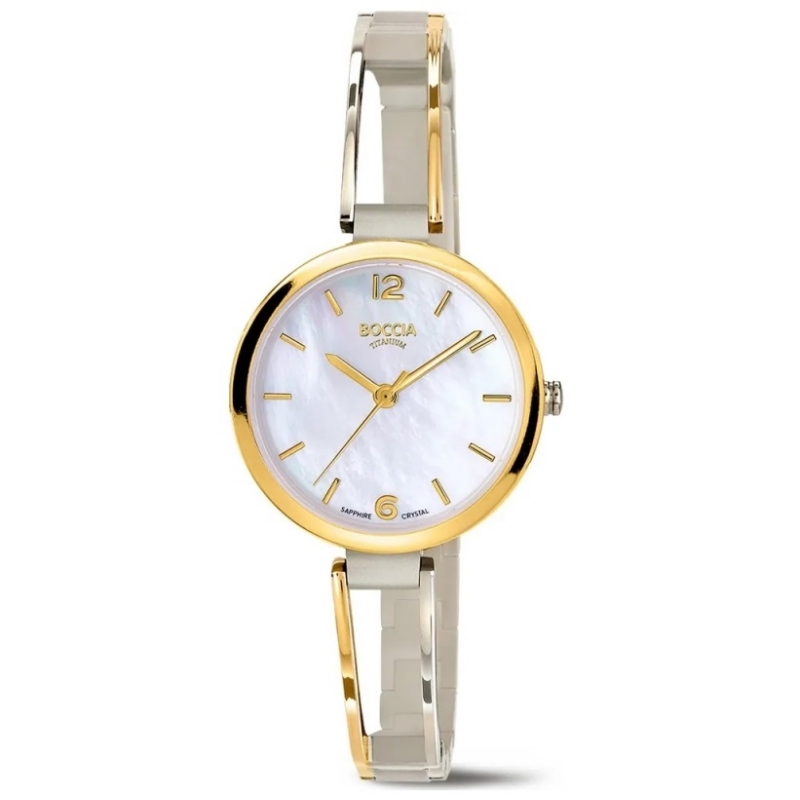 BOCCIA Titanium Damenuhr 3354-01 Bicolor Bicolor-Eleganz in Titan: Die BOCCIA Titanium Damenuhr 3354-01 verbindet ultraleichtes Titan, kratzfestes Saphirglas und ein edles Silber-Gold-Armband