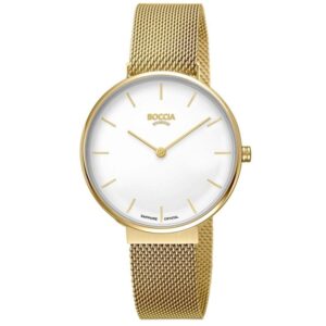 BOCCIA Titanium Damenuhr 3327-10 – goldfarbene Titan-Damenuhr mit Mesh-Band und weißem Zifferblatt