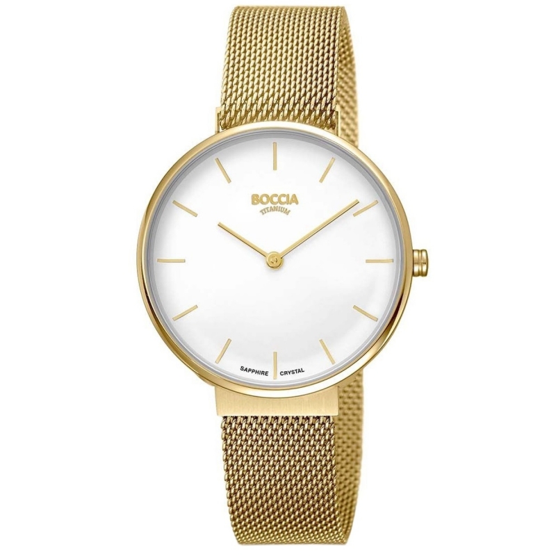 BOCCIA Titanium Damenuhr 3327-10 Gold BOCCIA Titanium Damenuhr 3327-10 – goldfarbene Titan-Damenuhr mit Mesh-Band und weißem Zifferblatt