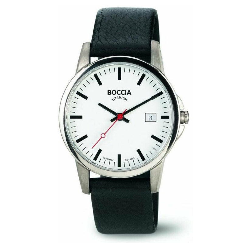 BOCCIA Titanium Damenuhr 521-03 Schwarz BOCCIA Titanium Damenuhr 521-03 – Titan-Damenuhr mit weißem Zifferblatt und schwarzem Lederband
