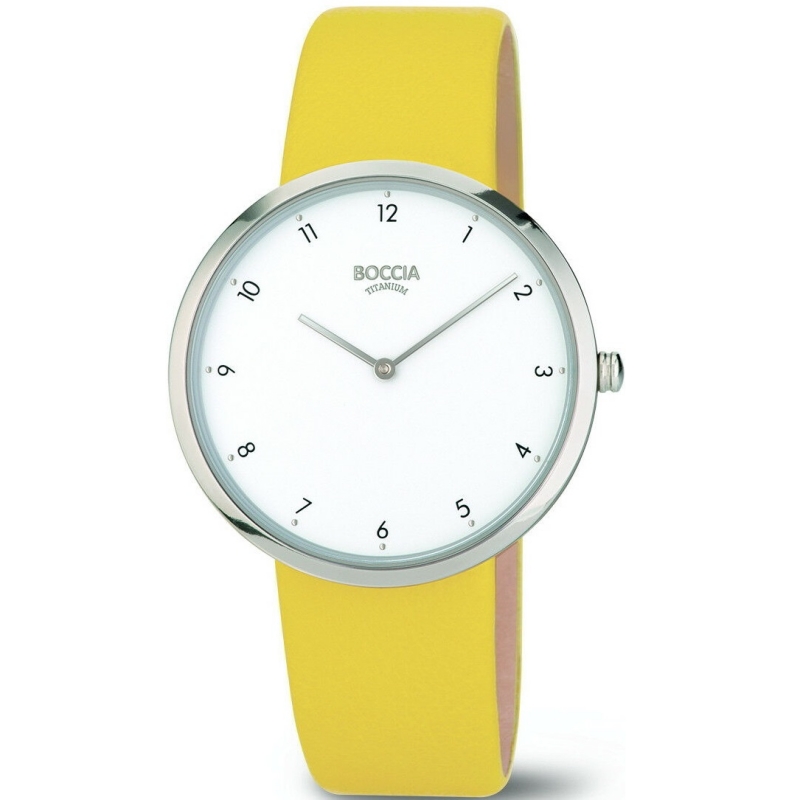 BOCCIA Titanium Damenuhr 3309-11 Gelb BOCCIA Titanium Damenuhr 3309-11 – Titan-Damenuhr mit gelbem Lederband und hellem Zifferblatt