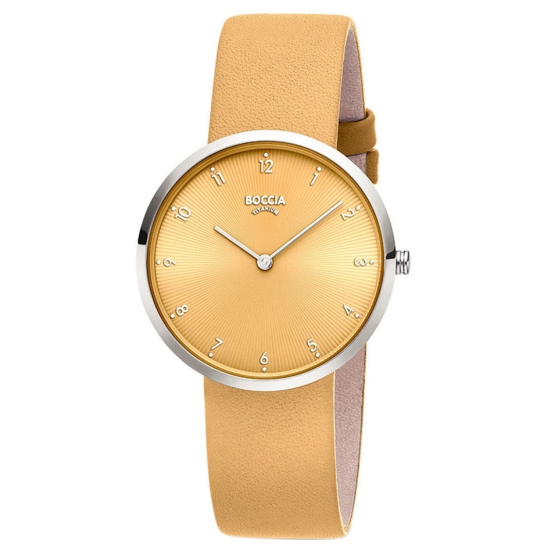 BOCCIA Titanium Damenuhr 3309-15 Gelb BOCCIA Titanium Damenuhr 3309-15 Gelb – leichte Titan-Damenuhr mit gelbem Lederarmband und gelbem Zifferblatt.