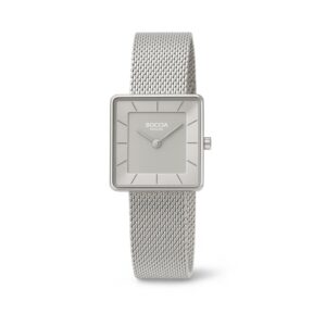 Quadratische silberne Damenuhr aus Titan mit feinem Zifferblatt und silbernem Armband – Modell BOCCIA Titanium 3351-05.