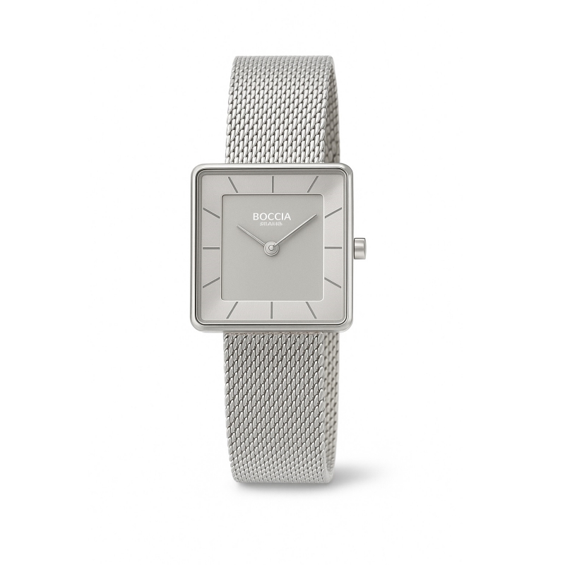 BOCCIA Titanium Damenuhr 3351-05 Silber Quadratische silberne Damenuhr aus Titan mit feinem Zifferblatt und silbernem Armband – Modell BOCCIA Titanium 3351-05.