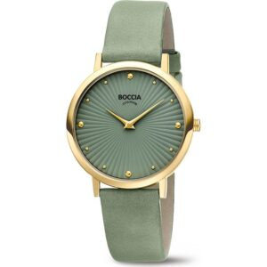 BOCCIA Titanium Damenuhr 3365-04 Grün – elegante Titan-Damenarmbanduhr mit grünem Lederband und goldfarbenem Gehäuse.