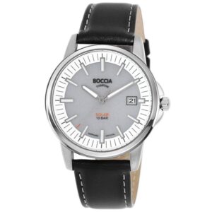 BOCCIA Titanium Solar Herrenuhr 3643-01 Schwarz – Titan Herrenuhr mit schwarzem Lederband und Solarantrieb