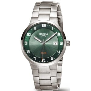 BOCCIA Titanium Solar Herrenuhr 3652-04 Silber– Titan Herrenuhr mit grünem Zifferblatt und Titanband