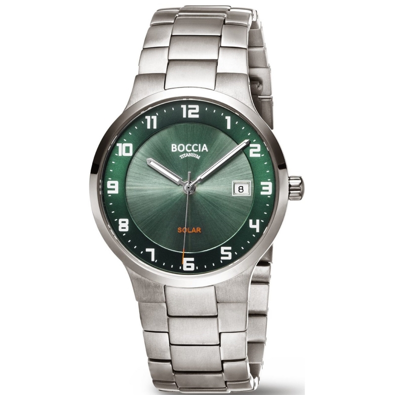 BOCCIA Titanium Solar Herrenuhr 3652-04 Silber BOCCIA Titanium Solar Herrenuhr 3652-04 Silber– Titan Herrenuhr mit grünem Zifferblatt und Titanband