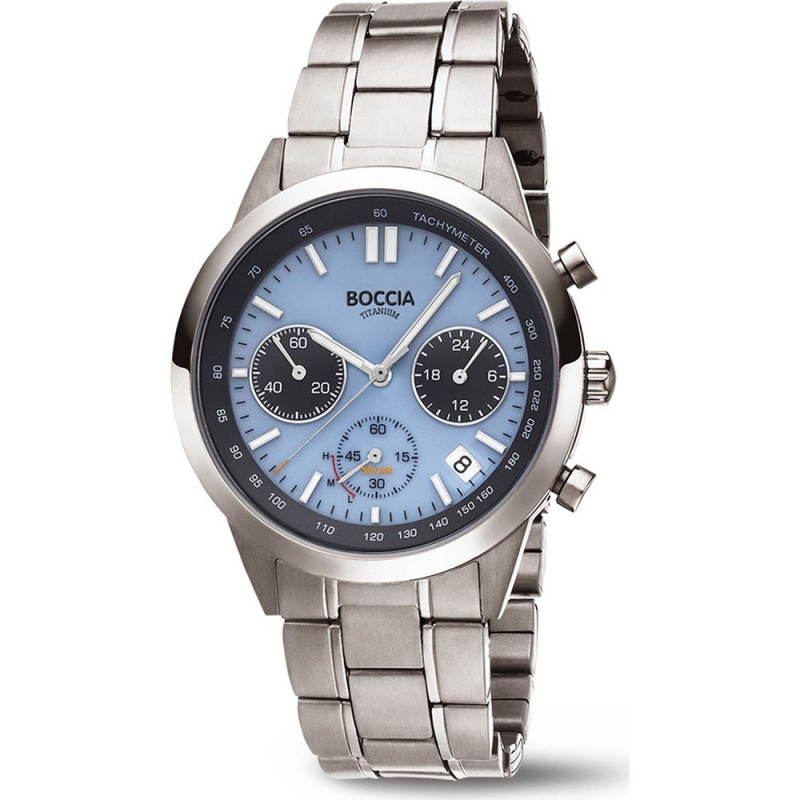 BOCCIA Titanium Solar Herrenuhr 3737-01 Chronograph Blau BOCCIA Titanium Solar Herrenuhr 3737-01 Chronograph Blue – Titan Herrenuhr mit blauem Zifferblatt und Titan-Gliederarmband