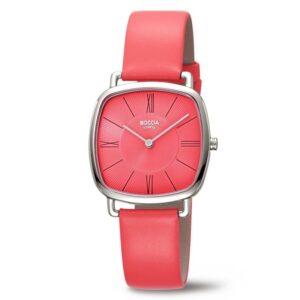 BOCCIA Titanium Damenuhr 3370-03 Korallrot – elegante rechteckige Titan-Damenuhr mit korallrotem Lederarmband und schlichtem Zifferblatt