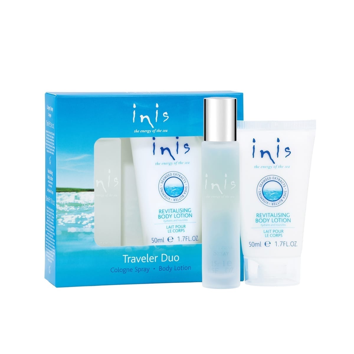 Inis Reise Duo – Eau de Cologne & Body Lotion | Frischer Meeresduft Inis Reise Duo Set mit Eau de Cologne und Body Lotion, präsentiert in blauer Verpackung mit Meeresmotiv.