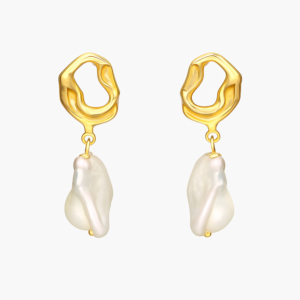 Perlenohrringe Silber Vergoldet „Wellentanz” mit barocken Süßwasserzuchtperlen in Weiß, Ohrstecker aus 925 Silber, elegant und natürlich