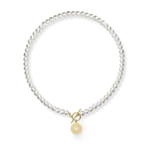 Perlenkette Silber Vergoldet „Mandala” mit weißen Süßwasserperlen und goldenem Symbolanhänger