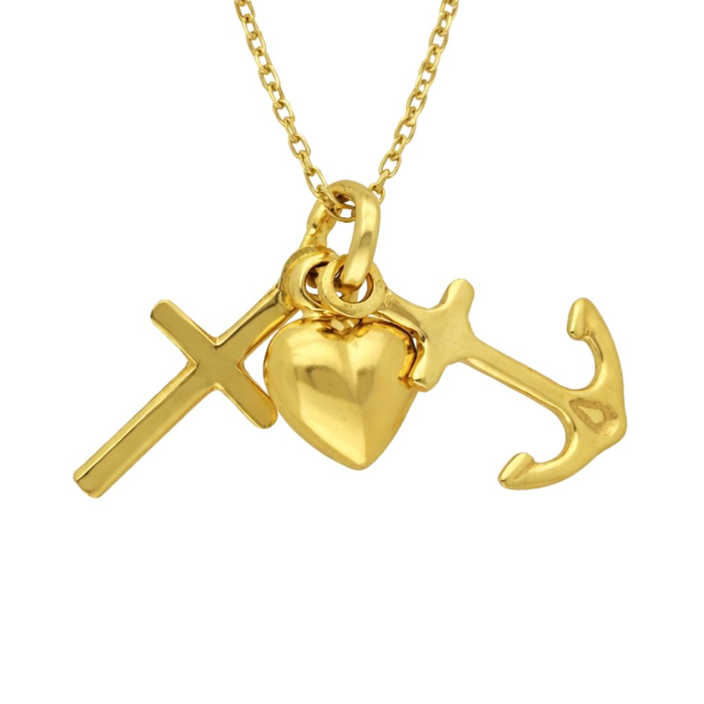 Anhänger Gold 333 mit den drei Symbolen Kreuz, Herz und Anker an einer Öse.