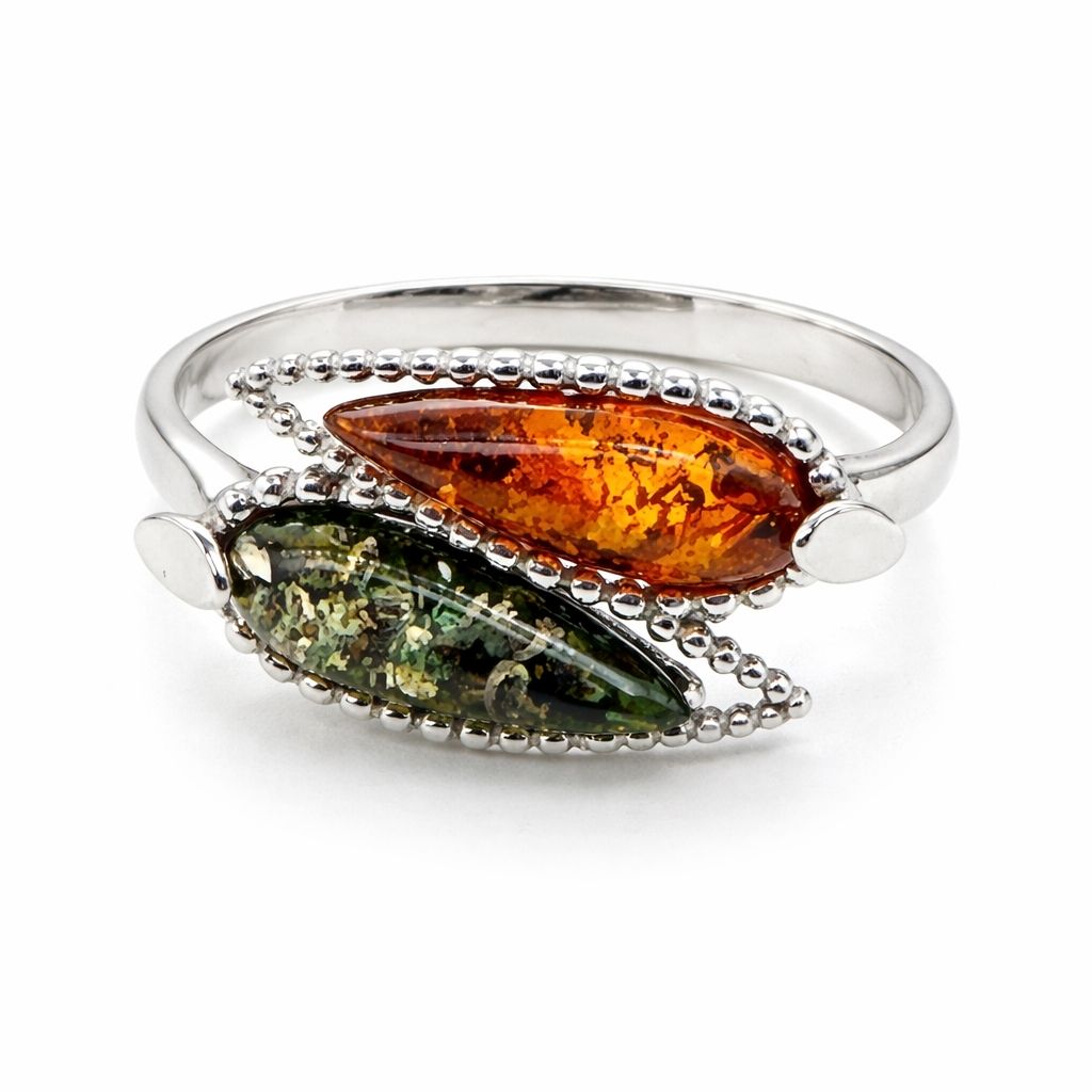 Ring-Silber-925-rhodiniert-Bernstein (1) Ring Silber 925 rhodiniert Bernstein „Doppelblatt” - ein schöner Damenring aus 925er Silber mit echten Ostseebernsteinen.